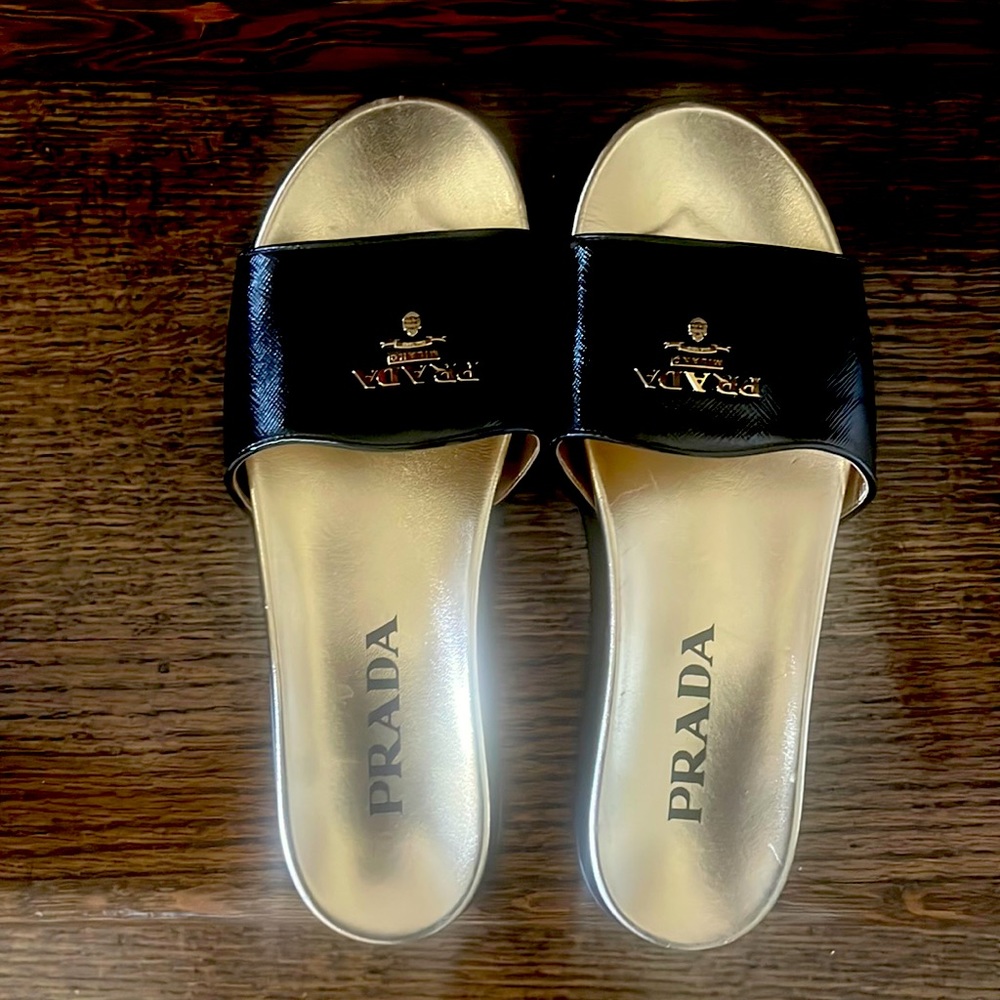 Prada Gold and black slip on sandals - Picture 1 of 3